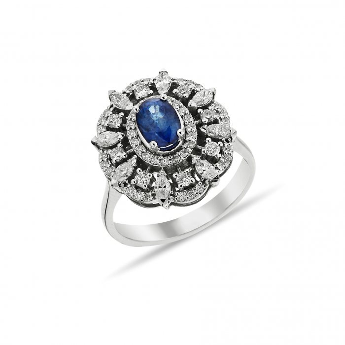 1,84 Carat Pırlantalı Markiz taşlı Safir Yüzük